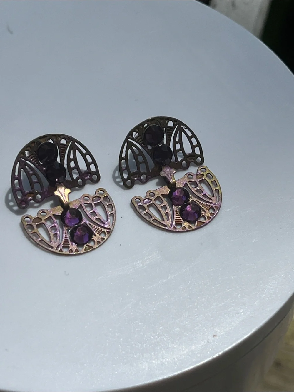 Purple/Pink Iridescent Art Deco Filigree Stud Earrings with Purple Stones
